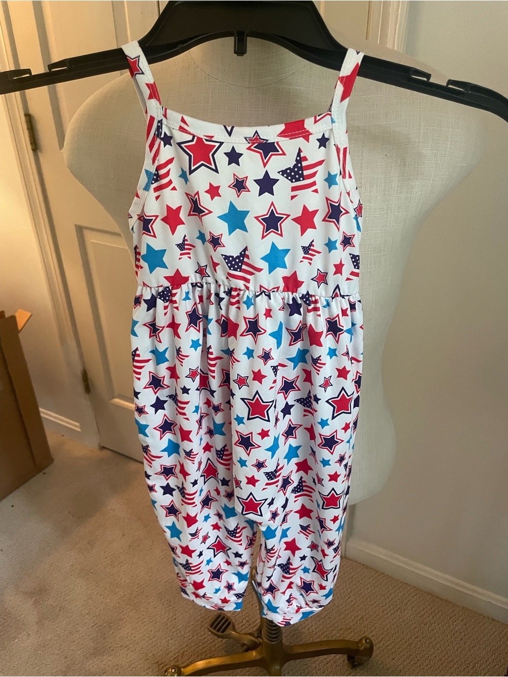 Girls' White Star-Print Sleeveless Romper in Red & Blue